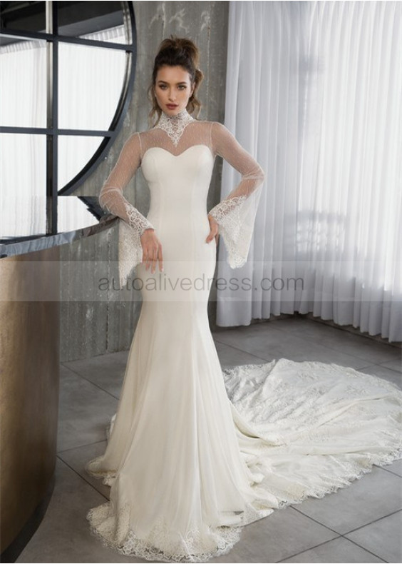 High Neck Ivory Lace Dotted Tulle Wedding Dress